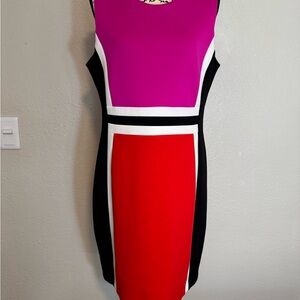 Calvin Klein Colorblock Sheath Dress Red Pink Black Career Wedding Guest